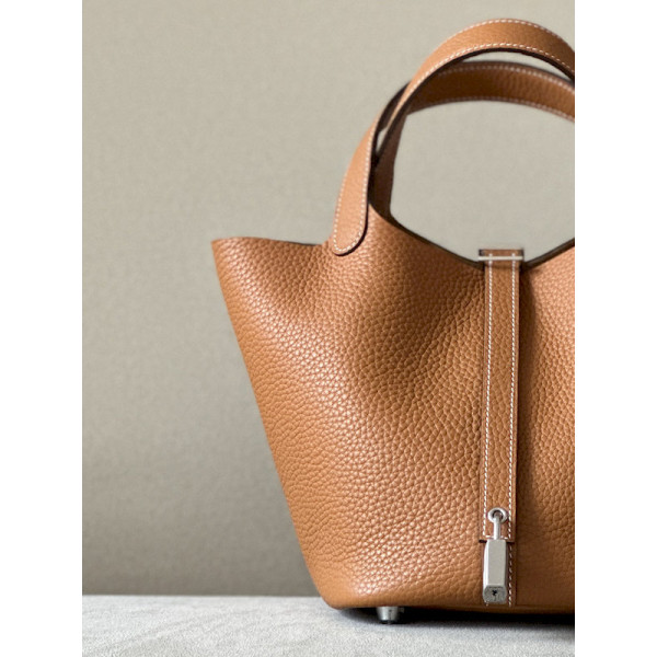 Hermes Picotin Lock 18 Clemence New Bleu Jean(D2) Palladium Hardware Brown