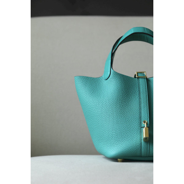 Hermes Picotin Lock HSS 18 Clemence Gold(37) ,Etoupe(18) and Nata(I2) Palladium Hardware Turquoise Green