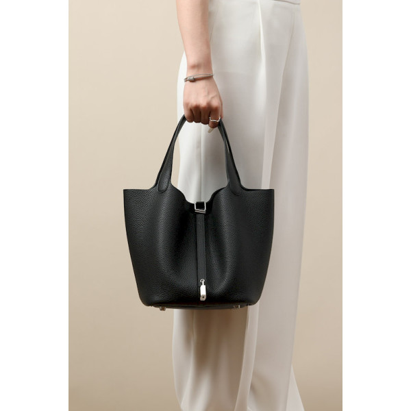 Hermes Picotin Lock 18 Clemence Rose Lipstick (U5) Palladium Hardware Black