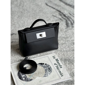 Hermes 24/24 Mini 21 Alligator,Evercolor And Swift Saphir (73) Palladium Hardware Black