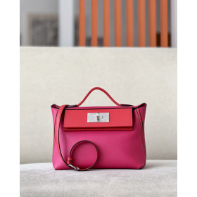 Hermes 24/24 Mini 21 Evercolor And Swift Bleu Lin (J7) And Gris Mouette(4Z)Gold Hardware Rose Pink