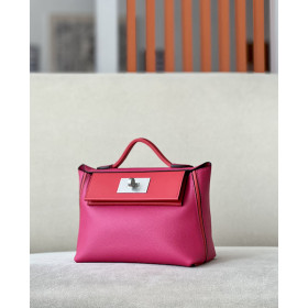 Hermes 24/24 Mini 21 Evercolor And Swift Bleu Lin (J7) And Gris Mouette(4Z)Gold Hardware Rose Pink