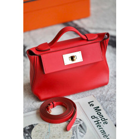 Hermes 24/24 Mini 21 Evercolor And Swift Bleu Lin (J7) And Gris Mouette(4Z)Palladium Hardware Red