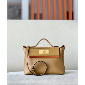 Hermes 24/24 Mini 21 Evercolor And Swift Blue Pale (08), Cuivre(6C) And Chai (0M) Gold Hardware Light Brown