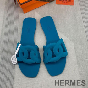 Hermes Aloha Slides Women Rubber with Chaine D'ancre Blue