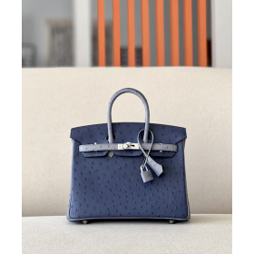 Hermes Birkin HSS 25 Ostrich Bleu Iris(77) and Gris Agate(82) Palladium Hardware Dark Blue