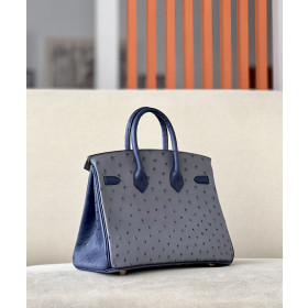 Hermes Birkin HSS 25 Ostrich Gris Agate(82) and Bleu Iris(77) Gold Hardware Grey