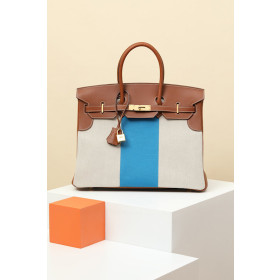 Hermes Birkin HSS 35 Barenia and Canvas Gold(37) Gold Hardware Brown
