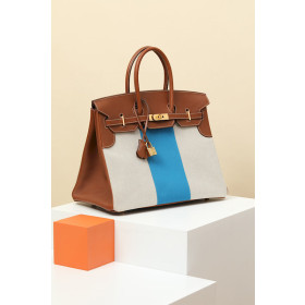 Hermes Birkin HSS 35 Barenia and Canvas Gold(37) Gold Hardware Brown