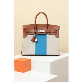Hermes Birkin HSS 35 Barenia and Canvas Gold(37) Palladium Hardware Brown and Beige