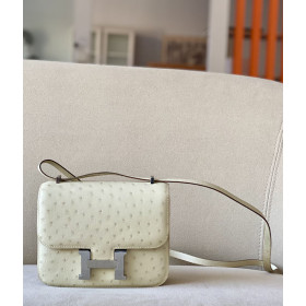 Hermes Constance 19 Ostrich Gris Agate (82) Palladium Hardware White