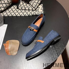 Hermes Destin Loafers Women Denim Canvas with Kelly Buckle Light Blue