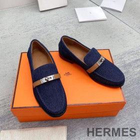 Hermes Destin Loafers Women Denim Canvas with Kelly Buckle Navy Blue