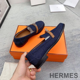Hermes Destin Loafers Women Denim Canvas with Kelly Buckle Navy Blue