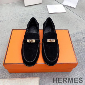 Hermes Destin Loafers Women Suede with Kelly Buckle Black