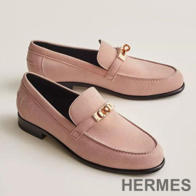 Hermes Destin Loafers Women Suede with Kelly Buckle Cherry pink