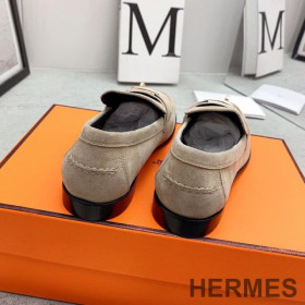Hermes Destin Loafers Women Suede with Kelly Buckle Khaki
