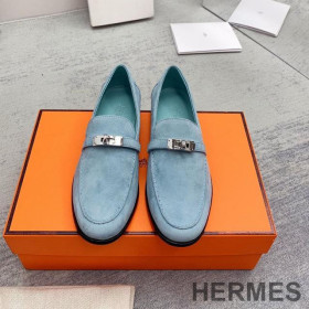 Hermes Destin Loafers Women Suede with Kelly Buckle Sky Blue