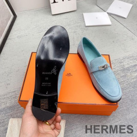 Hermes Destin Loafers Women Suede with Kelly Buckle Sky Blue