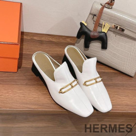 Hermes Diane Heeled Mules Women Calfskin with Roulis Buckle White