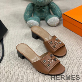 Hermes Dreamy Heeled Slides Women Calfskin Brown
