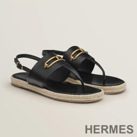 Hermes Eloise Espadrille Sandals Women Calfskin with Roulis Buckle Black