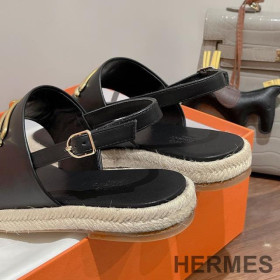 Hermes Eloise Espadrille Sandals Women Calfskin with Roulis Buckle Black