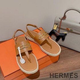 Hermes Eloise Espadrille Sandals Women Calfskin with Roulis Buckle Brown