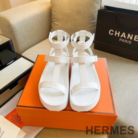 Hermes Enid Platform Sandals Women Calfskin with H Diamant Buckle Beige