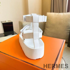 Hermes Enid Platform Sandals Women Calfskin with H Diamant Buckle Beige