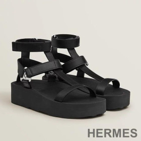 Hermes Enid Platform Sandals Women Calfskin with H Diamant Buckle Black