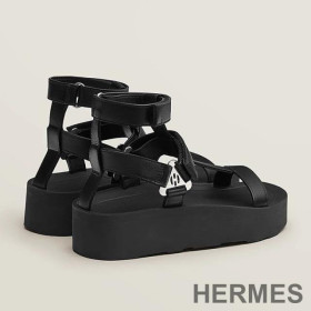 Hermes Enid Platform Sandals Women Calfskin with H Diamant Buckle Black