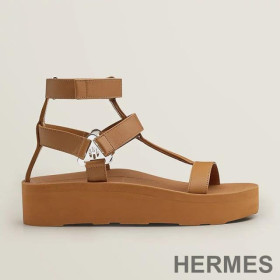 Hermes Enid Platform Sandals Women Calfskin with H Diamant Buckle Brown