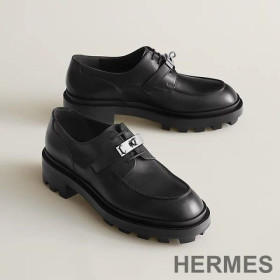 Hermes First Derby Shoes Women Calfskin with Kelly Buckle Black