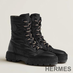 Hermes Fresh Ankle Boots Women Calfskin and Parachute with Logo Emblem Black