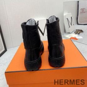 Hermes Fresh Ankle Boots Women Calfskin and Parachute with Logo Emblem Black