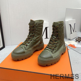 Hermes Fresh Ankle Boots Women Calfskin and Parachute with Logo Emblem Green