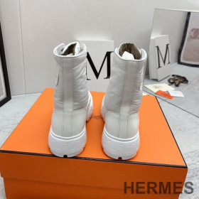 Hermes Fresh Ankle Boots Women Calfskin and Parachute with Logo Emblem White