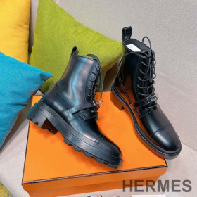 Hermes Funk Ankle Boots Women Shiny Calfskin with Kelly Buckle Black