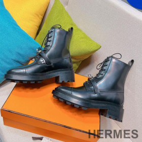Hermes Funk Ankle Boots Women Shiny Calfskin with Kelly Buckle Black