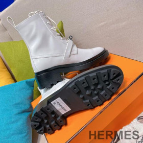 Hermes Funk Ankle Boots Women Shiny Calfskin with Kelly Buckle White