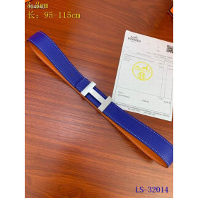 Hermes H Full Grain Leather belt silver buckle & Reversible leather strap 32 mm in navy blue and orange