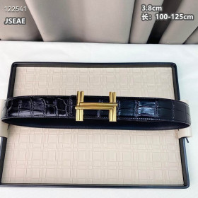Hermes H au Carre porosus crocodile leather belt gold buckle & Reversible leather strap 38 mm in black