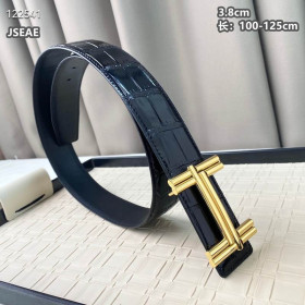 Hermes H au Carre porosus crocodile leather belt gold buckle & Reversible leather strap 38 mm in black