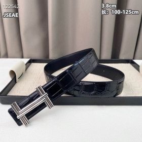 Hermes H au Carre porosus crocodile leather belt silver buckle & Reversible leather strap 38 mm in black