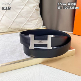 Hermes H belt leather strap 35 mm with silver automatic buckle in black color