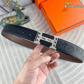 Hermes H printed leather belt leather strap with silver buckle & leather strap 38 mm in brown