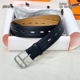 Hermes Romain 35 openwork full grain leather belt leather strap 35 mm with silver buckle in black