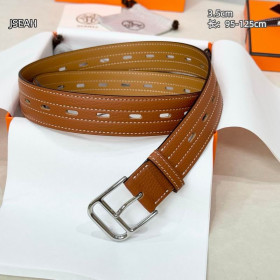 Hermes Romain 35 openwork full grain leather belt leather strap 35 mm with silver buckle in brown