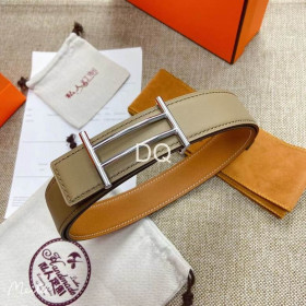 Hermes belt silver buckle & Reversible leather strap 32 mm in brown and brown-green